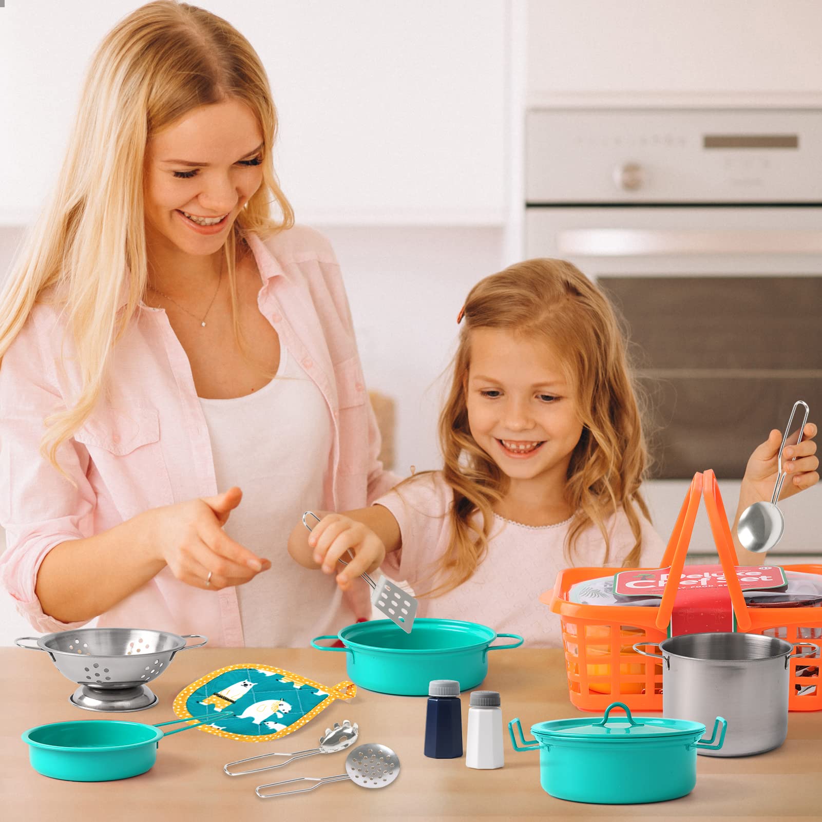 Accessoire dinette Enfant Ustensile Cuisine Enfant Ensemble de Jouet de Casserole en Acier Inoxydable coloré Cadeau 3 4 5 6 7 8 9 10 Ans(Vert)