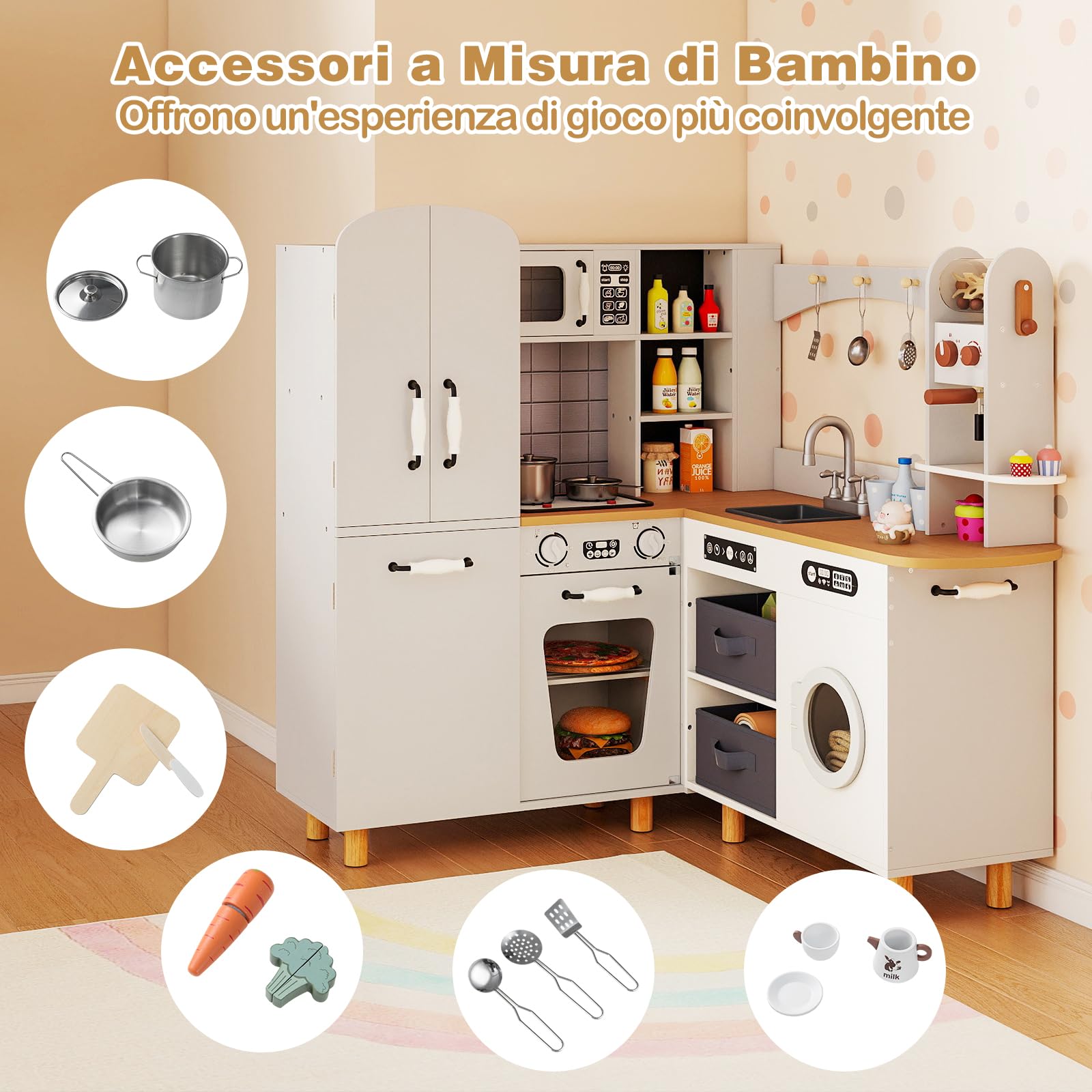 COSTWAY Cucina Giocattolo per Bambini, Cucina da Gioco ad Angolo con Fornelli, Frigorifero, Macchina da Caffè, Microonde, Lavatrice e Accessori, con Suoni e Luci per Bambini 3+ Anni (Bianco)