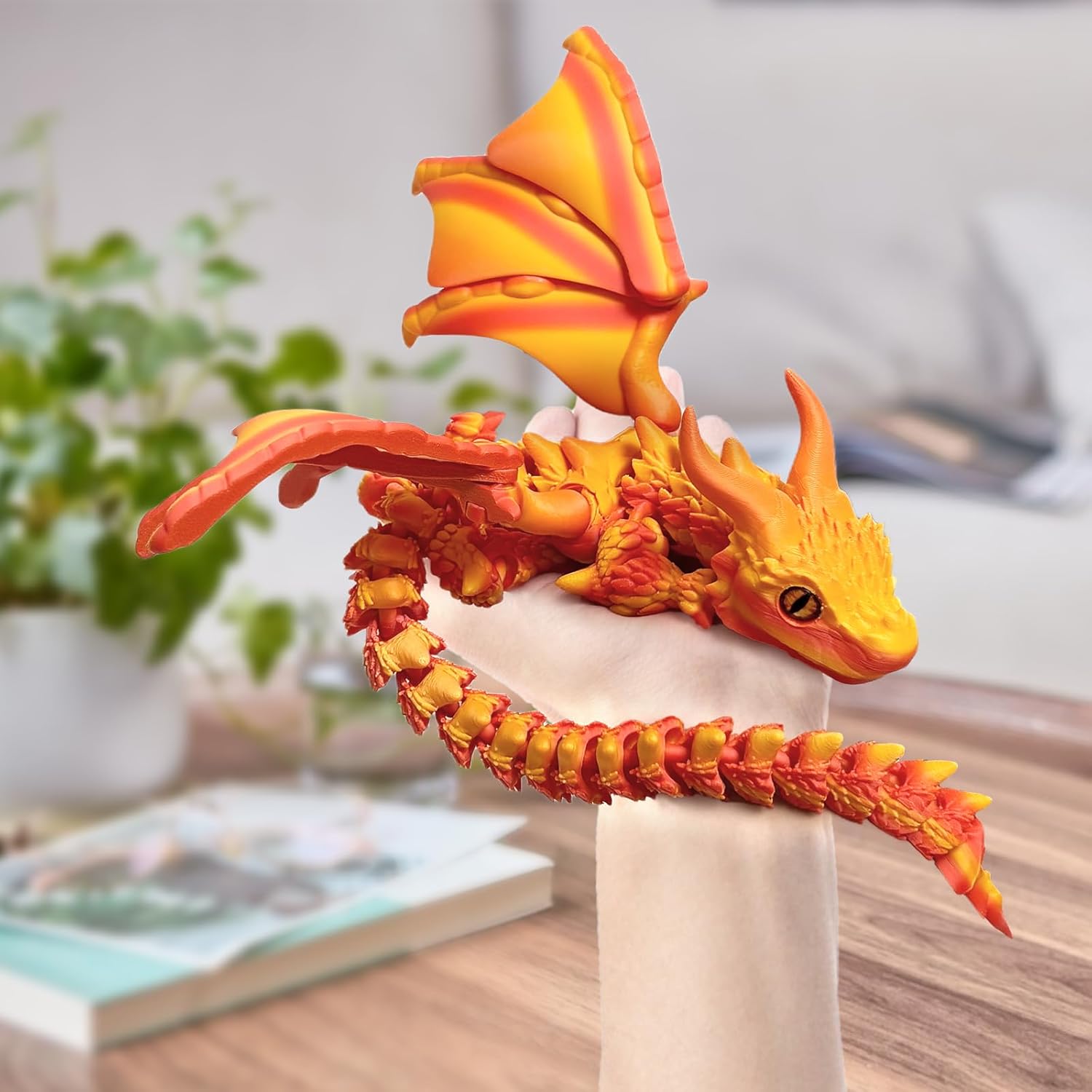 LNANTCZ 3D Printed Dragon with Wings, 16.9 Inches Large Articulated Dragon Fidget Toy, 3D Printed Animals Toys, Flexible Crystal Dragon Model, Desktop Pet Home Office Decor Gift(White-Gold-Red)