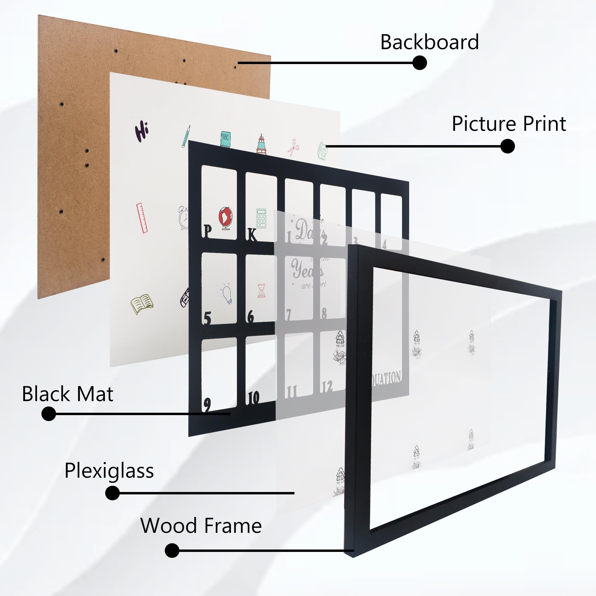 GMFrames Dni szkolne ramki na zdjęcia 12 x 16 Prek-12 lat szkolnych ramka na zdjęcia przedszkole i przedszkole do 12 klasy wielorakie ukończenie szkoły ramka na kolaż zdjęć z matą czarna