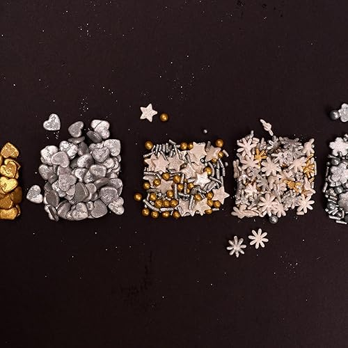 Miniatura 3 de Confect Gránulos navideños  Gránulos navideños para hornear y pasteles decorativos  Oro y plata Paquete de 5 chispas de corazón, copos de nieve