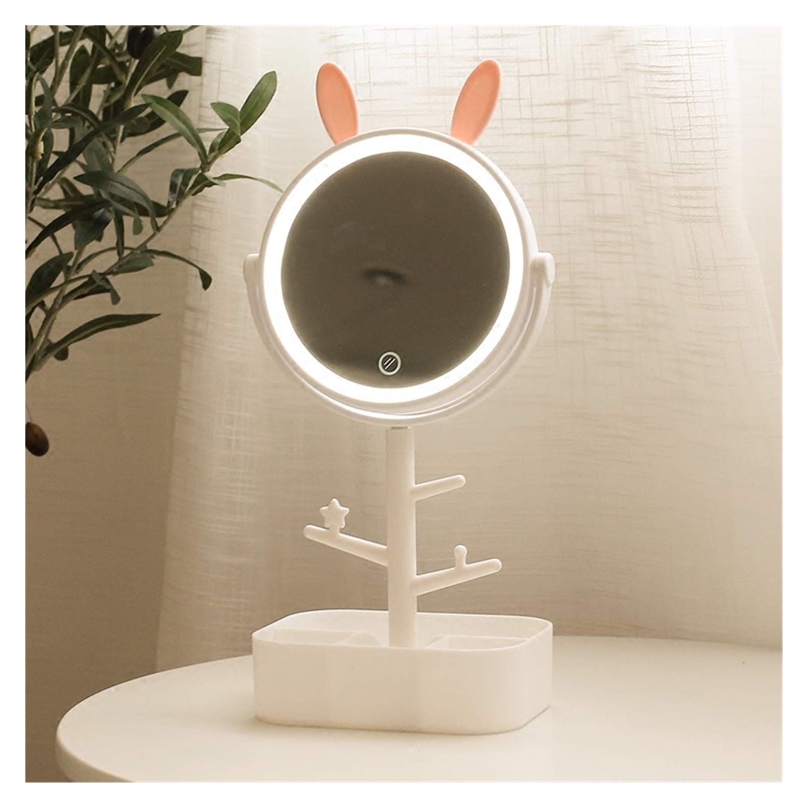 Espejo de maquillaje de escritorio, espejo giratorio con luz LED, espejo de aumento, espejo de maquillaje para mujer, luz de maquillaje con caja de almacenamiento, espejo de maquillaje