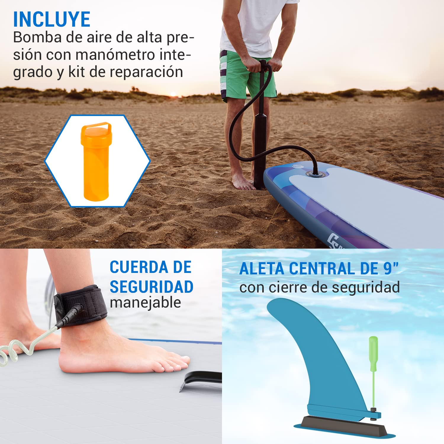 Capital Sports Tabla Paddle Surf Hinchable, Bolsa Transporte, para Adultos y Niños, Remo Ajustable de Aluminio, Hinchador Sup, Tabla Padel Surf Accesorios, Rígida 305cm / 10ft