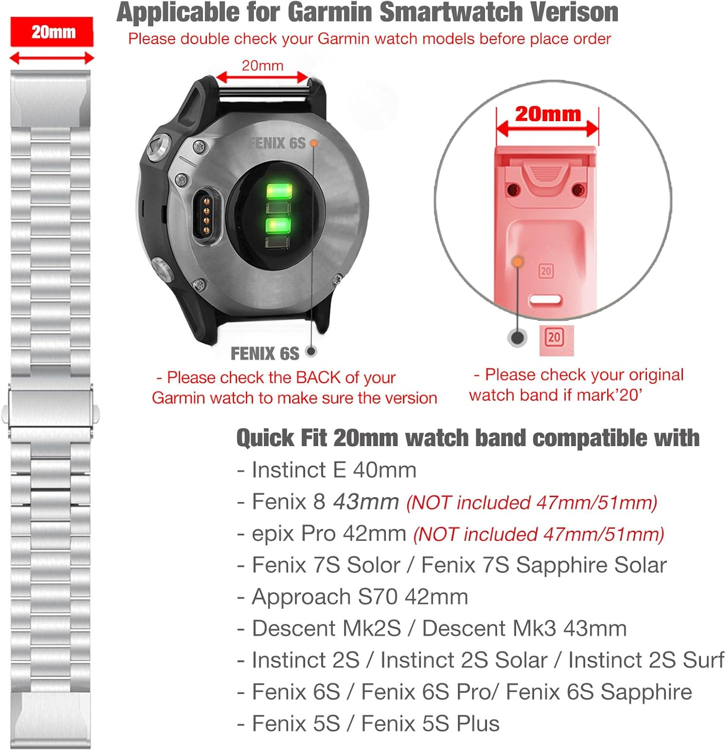 Abanen Stainless Steel Watch Bands for Garmin epix Pro 42mm / Fenix 8 43mm / Fenix 7S / 6S /5S, 20mm Quick Fit Metal Adjustable Replacement Wristband Strap for Garmin Descent MK2S / Instinct 2S