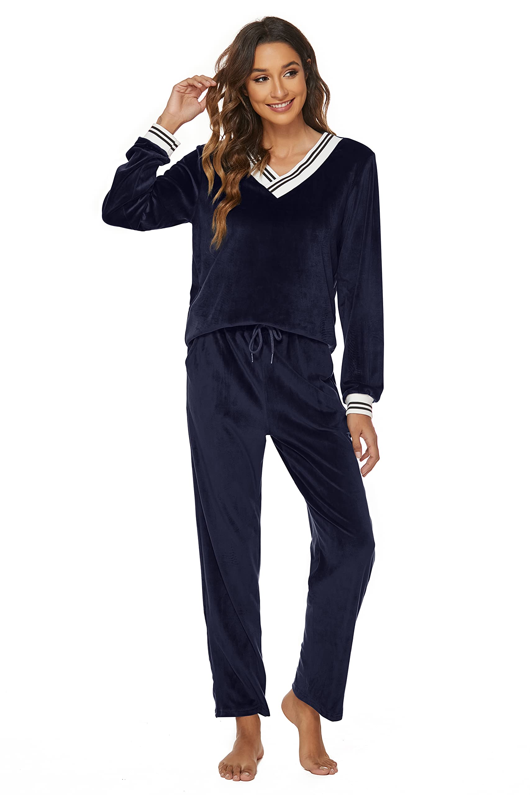 Velours Survêtements Femme Ensemble de Pyjama 2 Pièce Sportswear Jogging Hiver Col en V Sweatshirt et Pantalon Sweat Suit Tenue Sport Ensemble Vêtements de Nuit