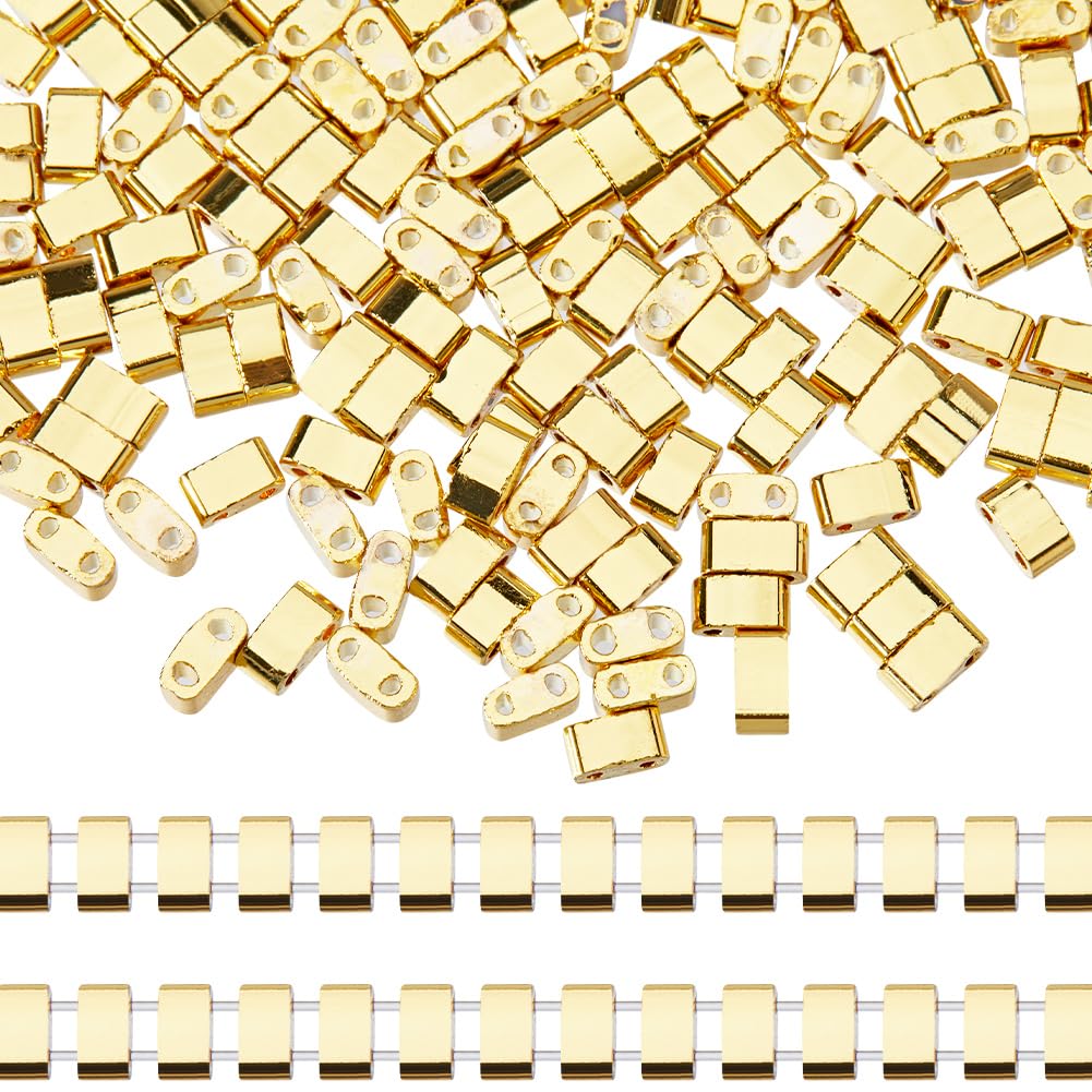 CREATCABIN 240Pcs 2 Hole Tila Beads Half Glass Seed Beads Bulk Rectangle Golden Metallic Color Mini Opaque Square Flat Loose Spacer Beads for Craft Bracelet Necklaces Earrings Jewelry Making 2mm