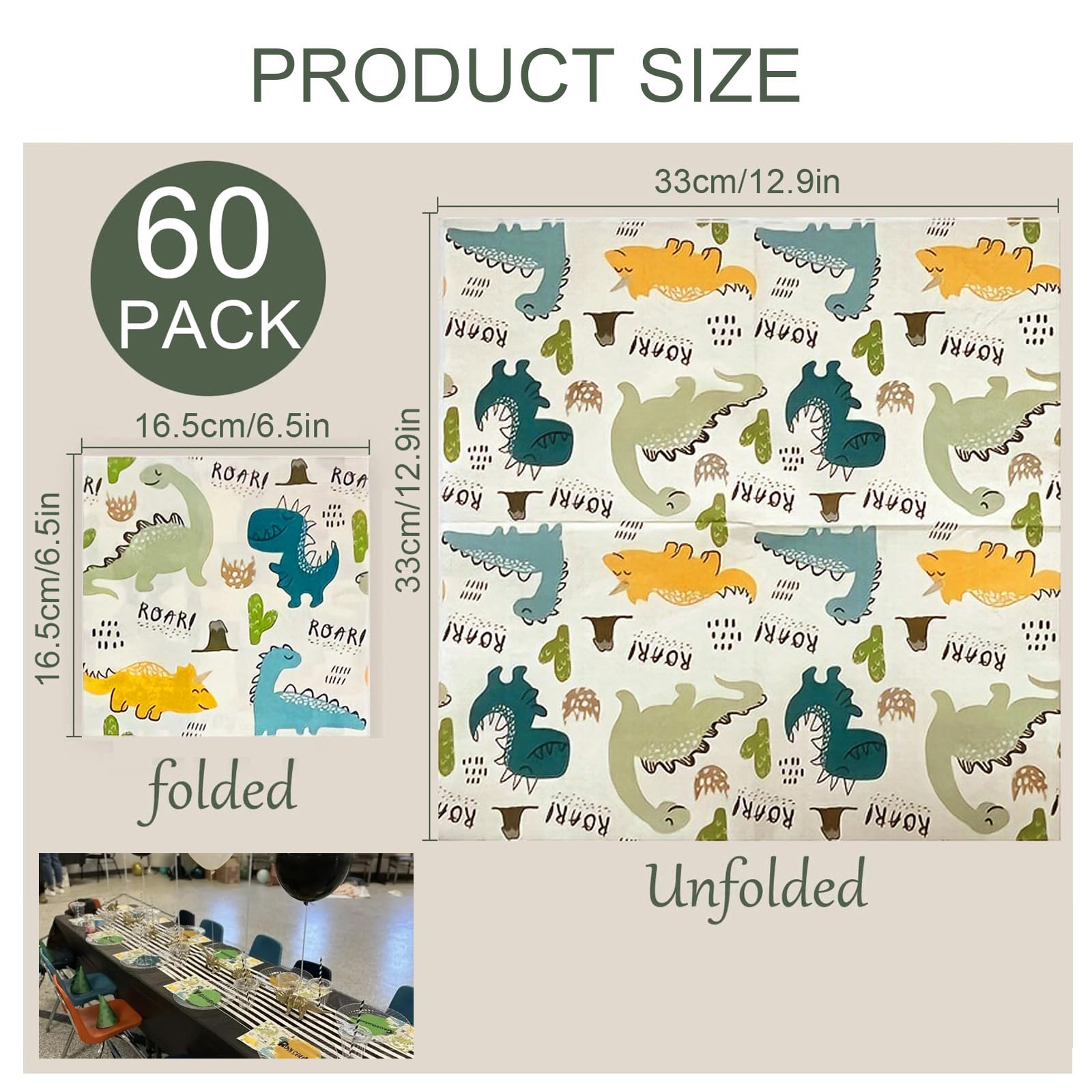 60 Tovaglioli Di Carta Per Bambini A Tema Dinosauro - 16,5x16,5 Cm - Decorazioni Per Festa Di Compleanno, Tema Giurassico - Simpatici E Colorati, Ideali Per Merende E Torte