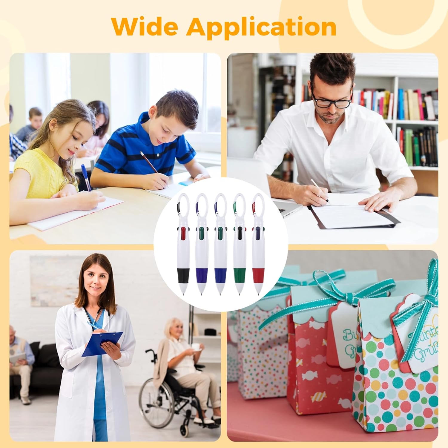 60PCS Retractable Shuttle Pens with Carabiner Clips, Multicolored Ink 4 in 1 Ballpoint Pens for Adults Students Nurses, Nurse Pens Bulk, Party Favors Goody Bag Stuffers Carnival Prizes