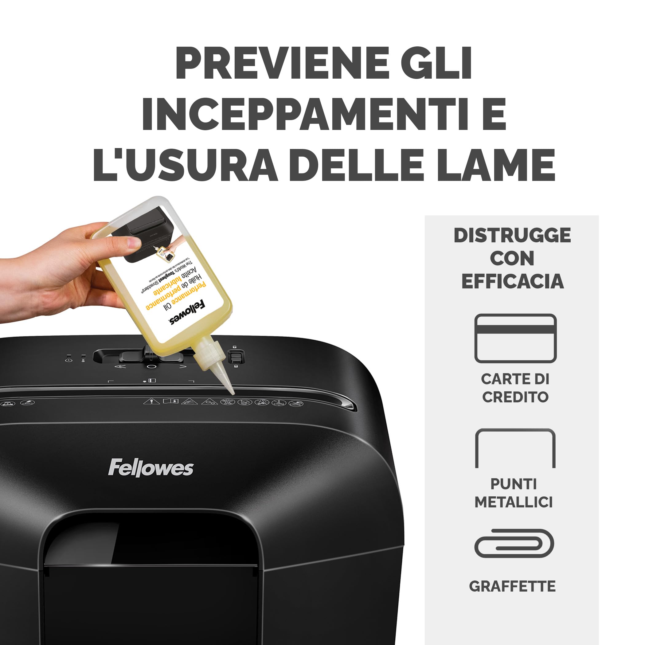 Fellowes distruggi documenti a frammento LX50, 9 fogli, trita documenti per casa e piccolo ufficio, uso personale, nero + Olio per Distruggi Documenti, 355 ml - Olio Lubrificante con Beccuccio