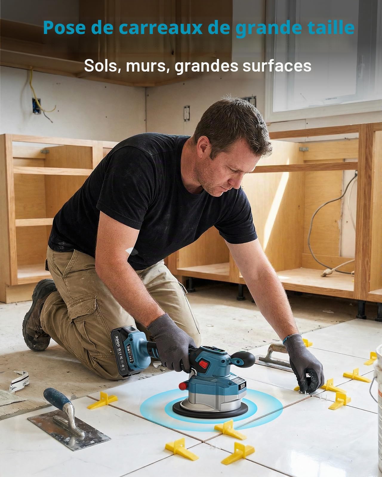 SEESII CX76 Ventouse Vibrante Carrelage Sans Fil - Machine de Nivellement avec 2x2000mAh Batteries, Ventouse de 145mm, 10 Vitesses Réglables, pour Professionnels et Bricoleurs