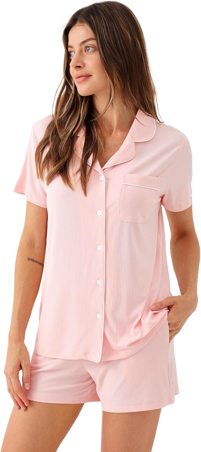GYS Women's Pajama Set Bamboo Viscose Short Sleeve Button Down 2 Piece Sleep Sets
