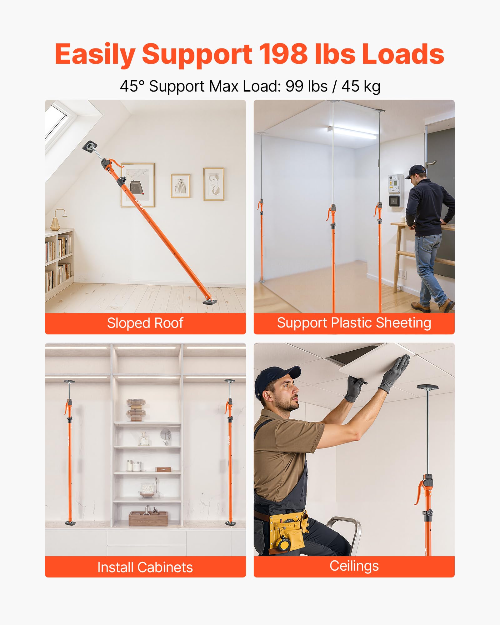 VEVOR Drążek nośny podnośnika szafkowego, 2-pak, stalowy teleskopowy drążek teleskopowy 125-291 cm, regulowany system 3. ręczny do 90 kg, do montażu szafek, płyt kartonowo-gipsowych, drążków