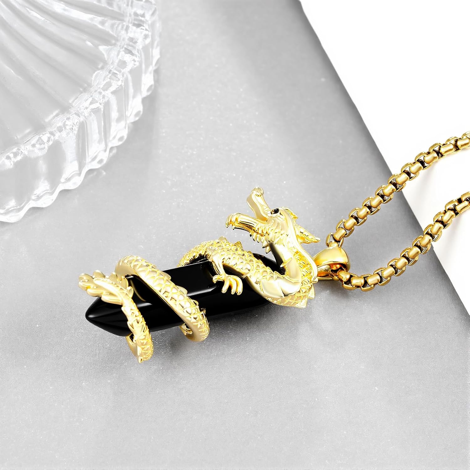 Dragon Necklace for Men 925 Sterling Silver Obsidian Healing Crystal Necklace Dragon Jewelry Gifts for Men - Image 3