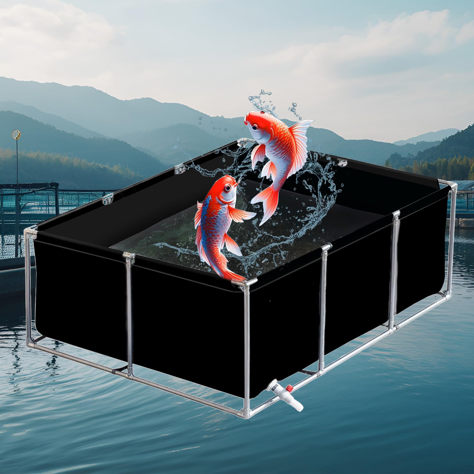 ERSINIAN Large Black PVC Canvas Aquarium Pool 3x3x0.9m Fish Pond with Drain Valve Easy Setup Koi Bing Holding TankOrnamental Swimming Pool