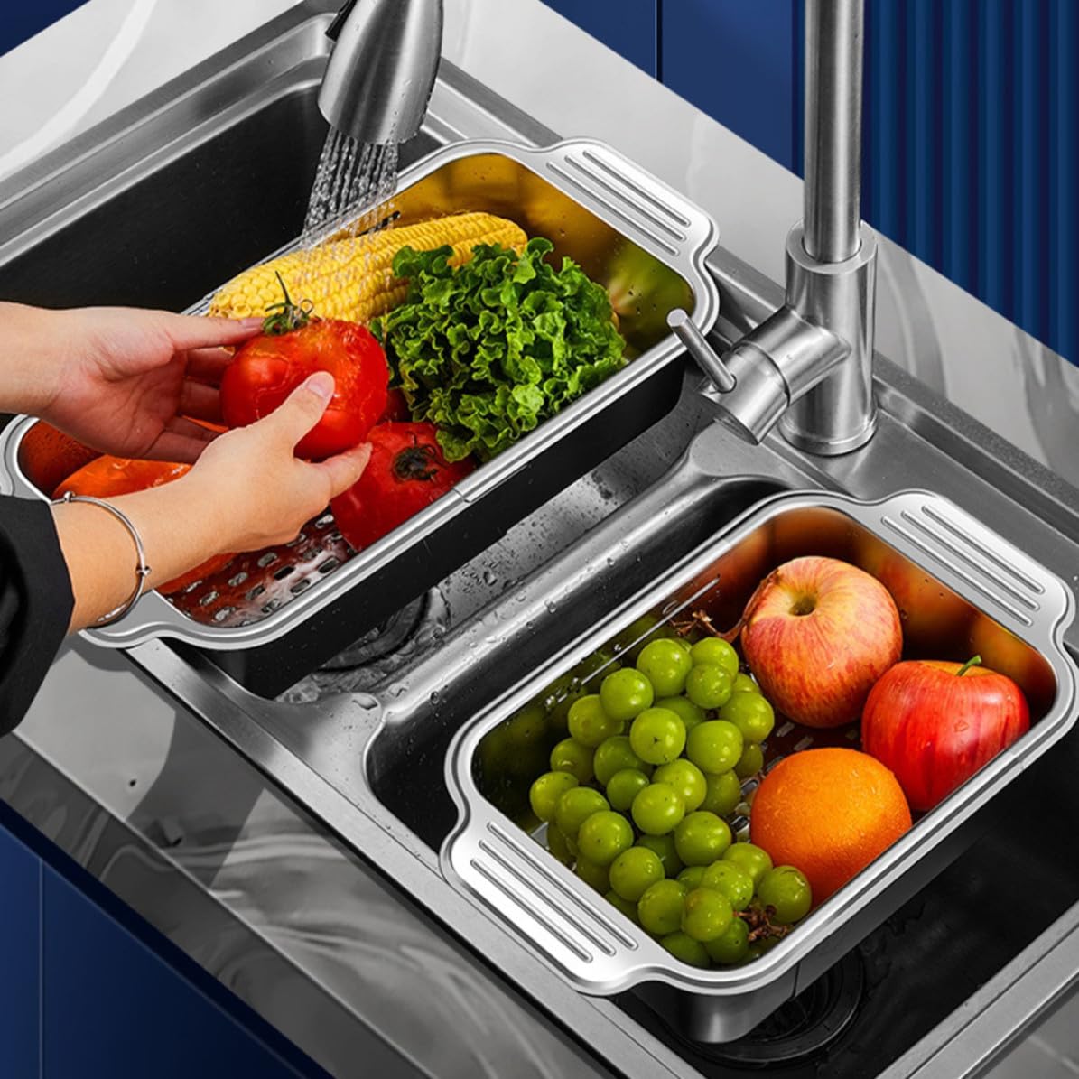 SEWACC Ausziehbarer Küchensieb aus 304 Edelstahl mit Glatten Kanten Großer Gemüsewaschkorb für Spülbecken Vielseitiger Korb zum Abtropfen über Spüle in Küche