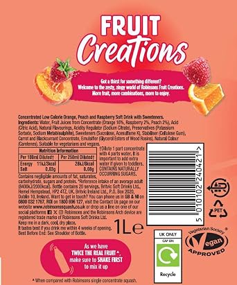 Robinsons Fruit Creations Real Fruit Squash, 1L, Peach and Raspberry