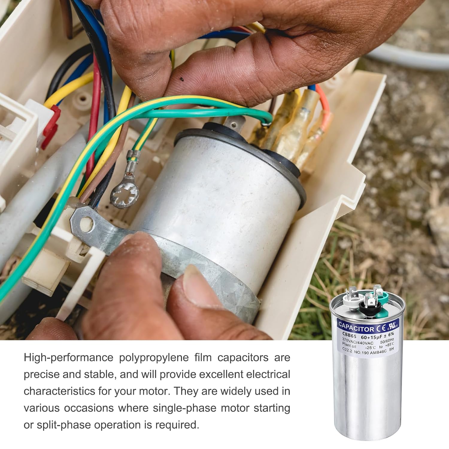 MECCANIXITY 2Pcs 60+15MFD CBB65 Run Start Capacitor 60+15uF, 370/440V Round AC Capacitor for AC Motor Run, HVAC, Air Conditioner, Condenser Motors