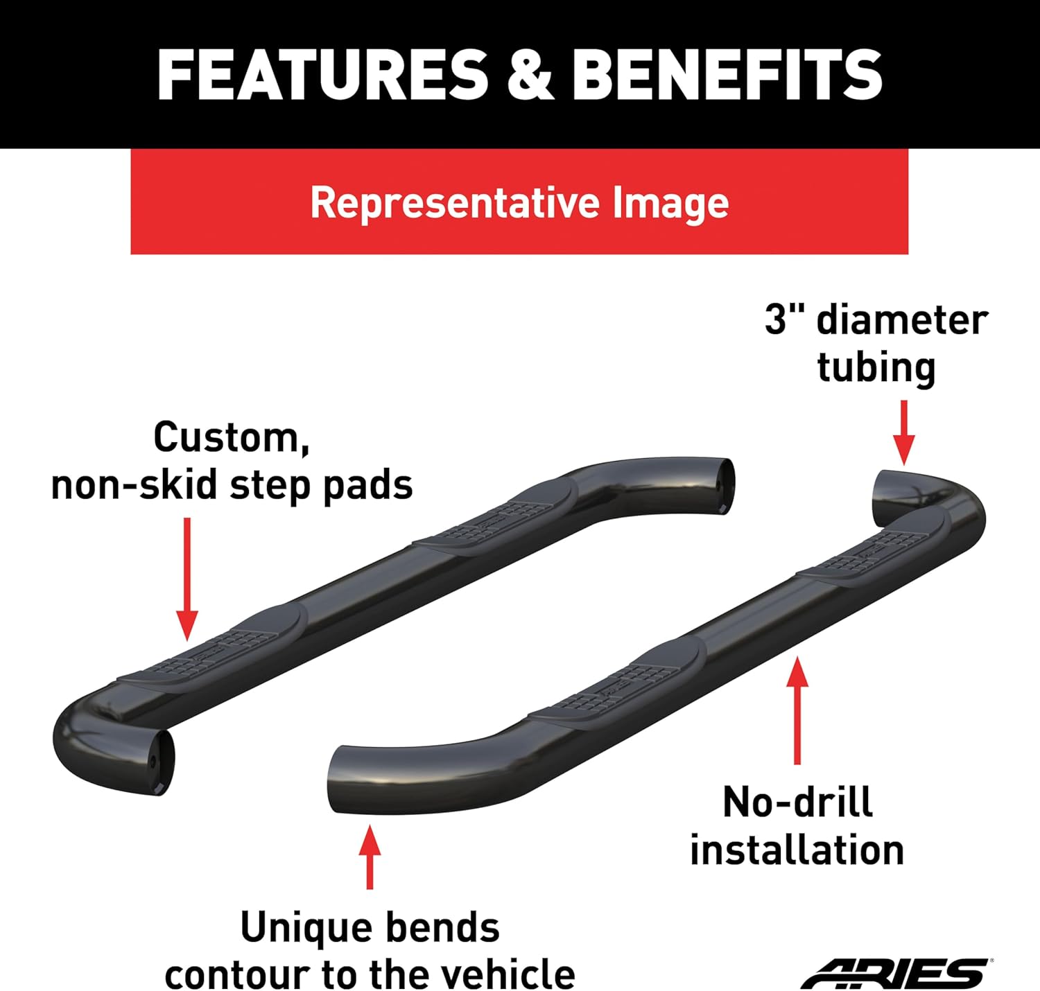 ARIES 209045 3-Inch Round Black Steel Nerf Bars, No-Drill, Fits Select Ford Bronco, Large
