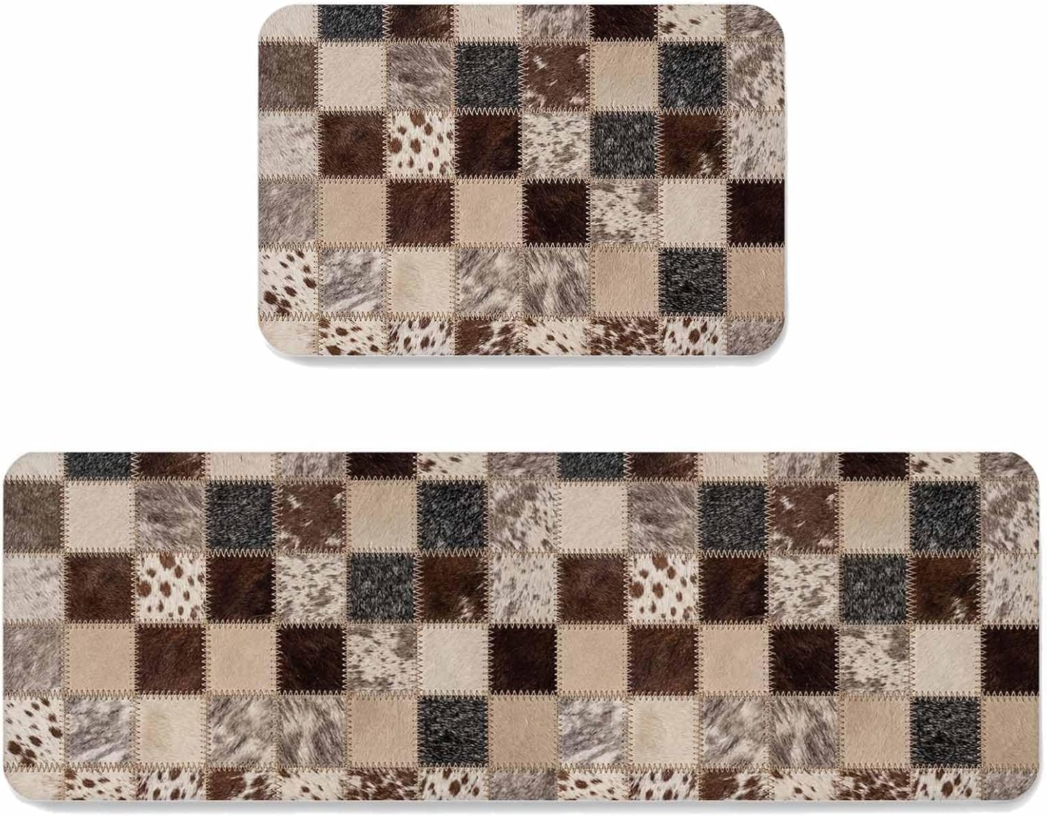 Vintage Patchwork Kitchen Mat Set 2 Pieces Western Rustic Brown Grey White Animal Fur Style Plaid Non Slip Kitchen Rugs Washable Runner Mats for Floor Sink Laundry Office 19.7" x 31.5"+19.7" x 47.2"