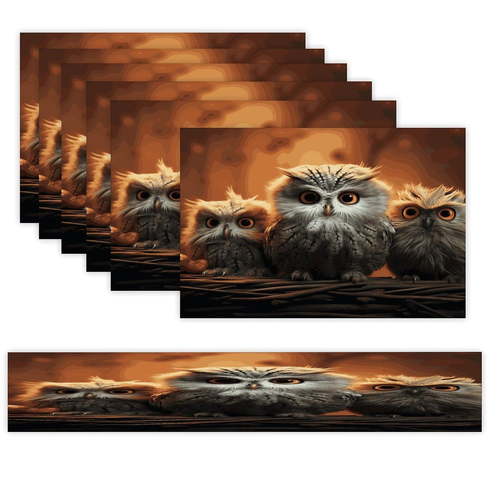 Cute Owl Table Runner and Placemats Set of 6 for Kitchen Washable Table Mats Heat Resistant Place Mats Non-Slip Place Mat Wipeable Placemat(6 Placemats+1 Table Runner)