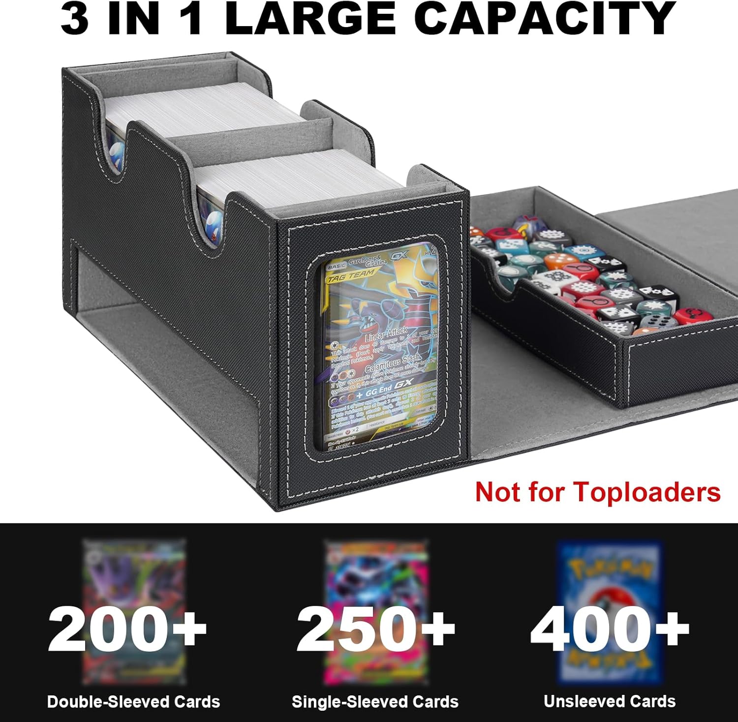 Card Deck Box for MTG Commander, Deck Display Case Holds 200+ Double-Sleeved Cards, 35pt Card Brick & Dice Tray, Storage Box For TCG CCG Sports, Black&Gray