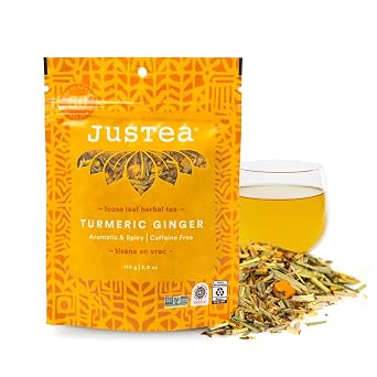 JusTea TURMERIC GINGER Loose Leaf Herbal Tea, 40+ Cups Pouch, Caffeine-Free