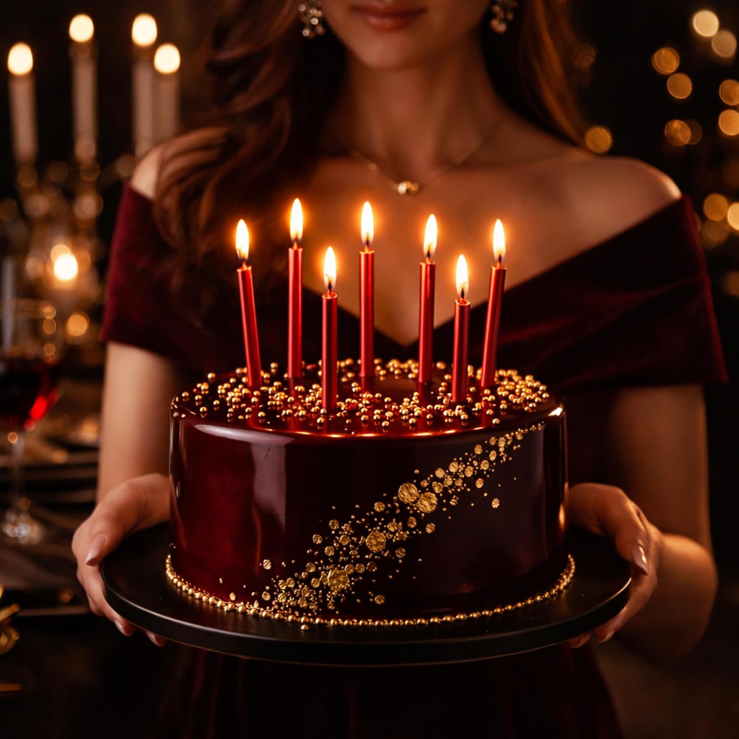 by Tugba Aydan - Red Birthday Candles - 24 Count Long Thin Red Birthday Candles for Cake, Metallic Cake Candle for Birthday, Party Candles