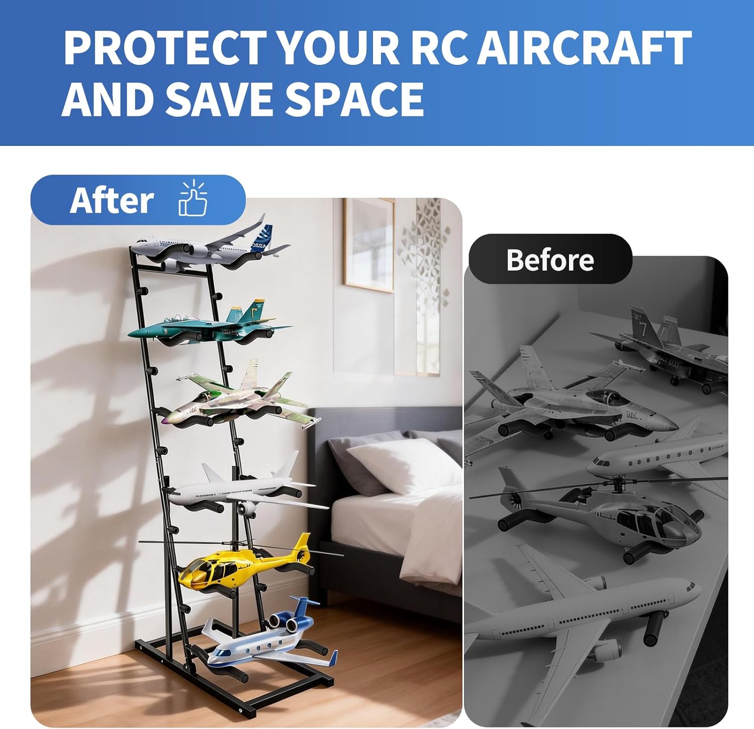 RYFT RC Airplanes Storage Rack 6-Tier Metal Model Airplane Display Stand with Adjustable Shelves, Large-Scale RC Plane Holder, Each Tier Holds Up to 22.05lbs for Multiple Remote Control Aircraft