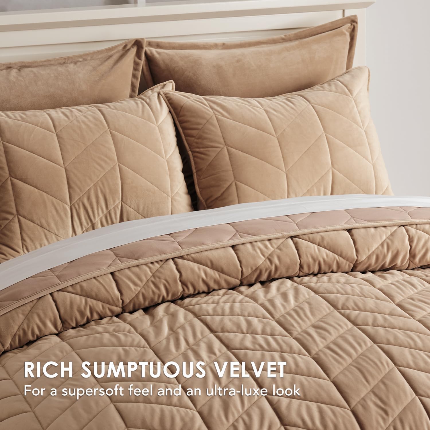 EVERGRACE 3 Pieces Luxurious Queen Velvet Quilts, Ultra Soft Lightweight Velvet Comforter Set, Matelasse Oversized Diamond Bedspread Coverlet for All Season with 2 Shams, Khaki Tan, 92"x96" - Image 2