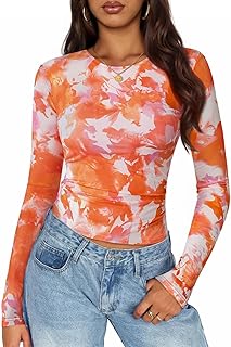 ZESICA Womens Floral Mesh Going Out Tops Fall Long Sleeve Crewneck Slim Fit Ruched Y2k Shirts Beach Vacation Outfits