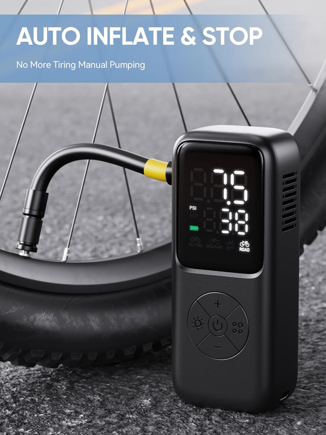 Mini Electric Bike Pump,120 PSI Bike Pump Portable with Guage Auto Stop, Bicycle Pump with Presta and Schrader, Bike Tire Pump Valve for Road Bicycle, Mountain Bike, E-Bike,Sports Ball - Image 3