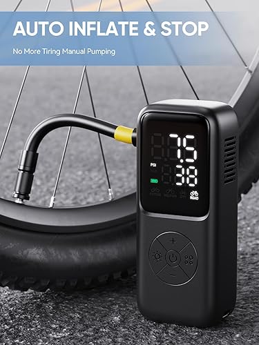 Miniatura 3 de Mini bomba eléctrica para bicicleta, bomba de bicicleta de 120 PSI portátil con parada automática de calibre, bomba de bicicleta con Presta y