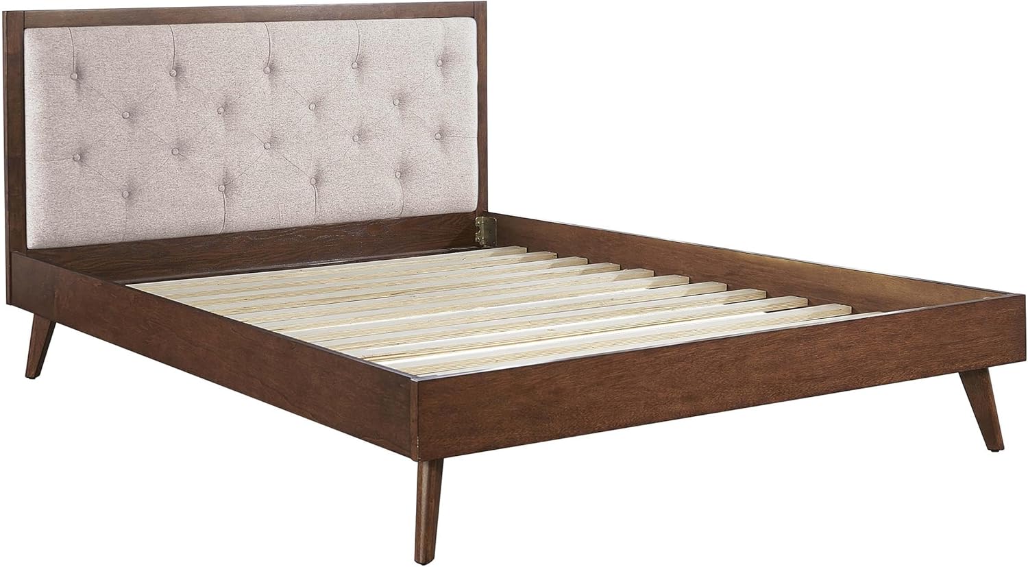 Linon Moore Mid Century Upholstered Platform Queen Bed Frame in Brown Wood