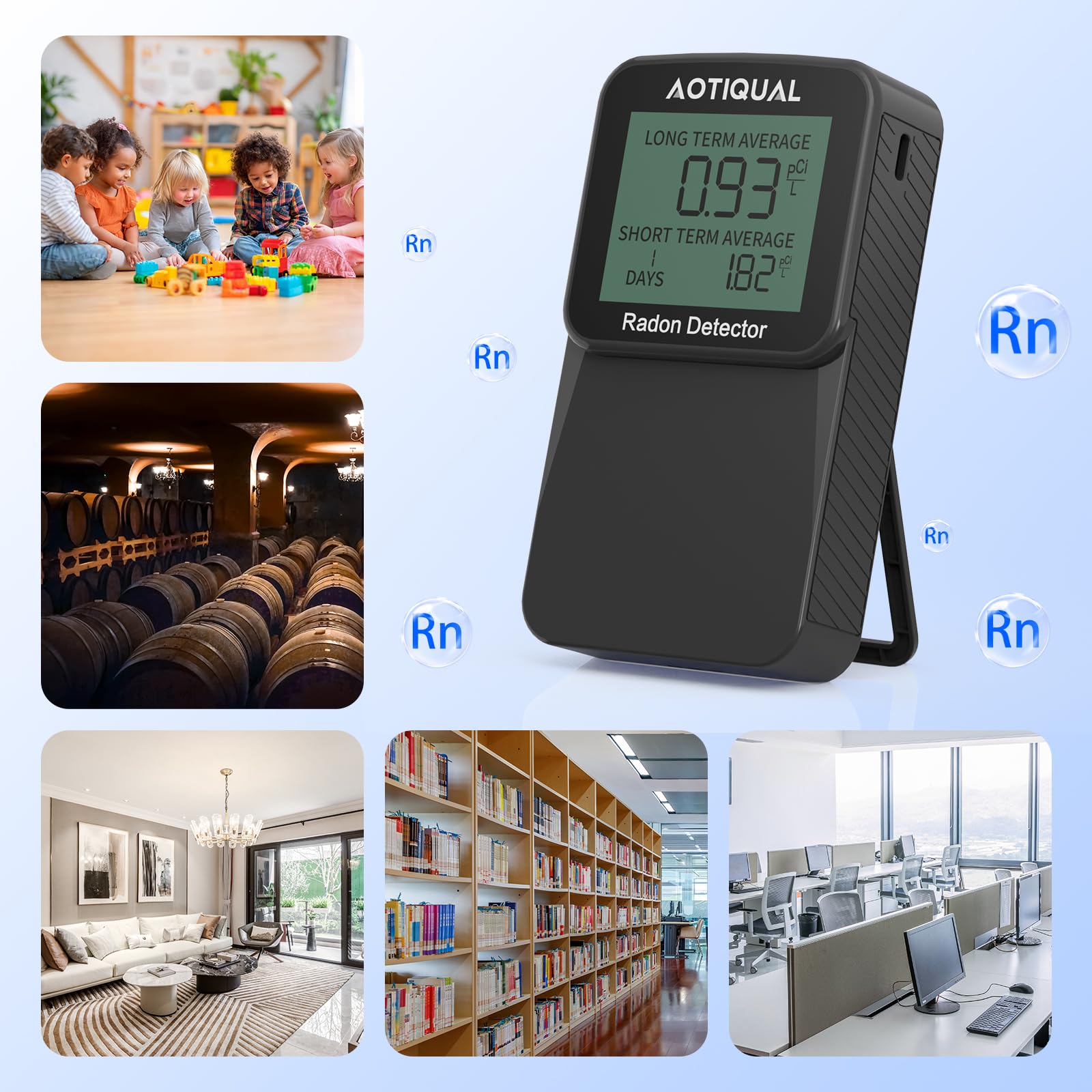 Détecteur de radon numérique avec écran LCD - Double batterie USB - Options d'alimentation : 3 ans - Durée de vie du capteur : 10 ans - Détection précise de la concentration pCiL pour la maison et le