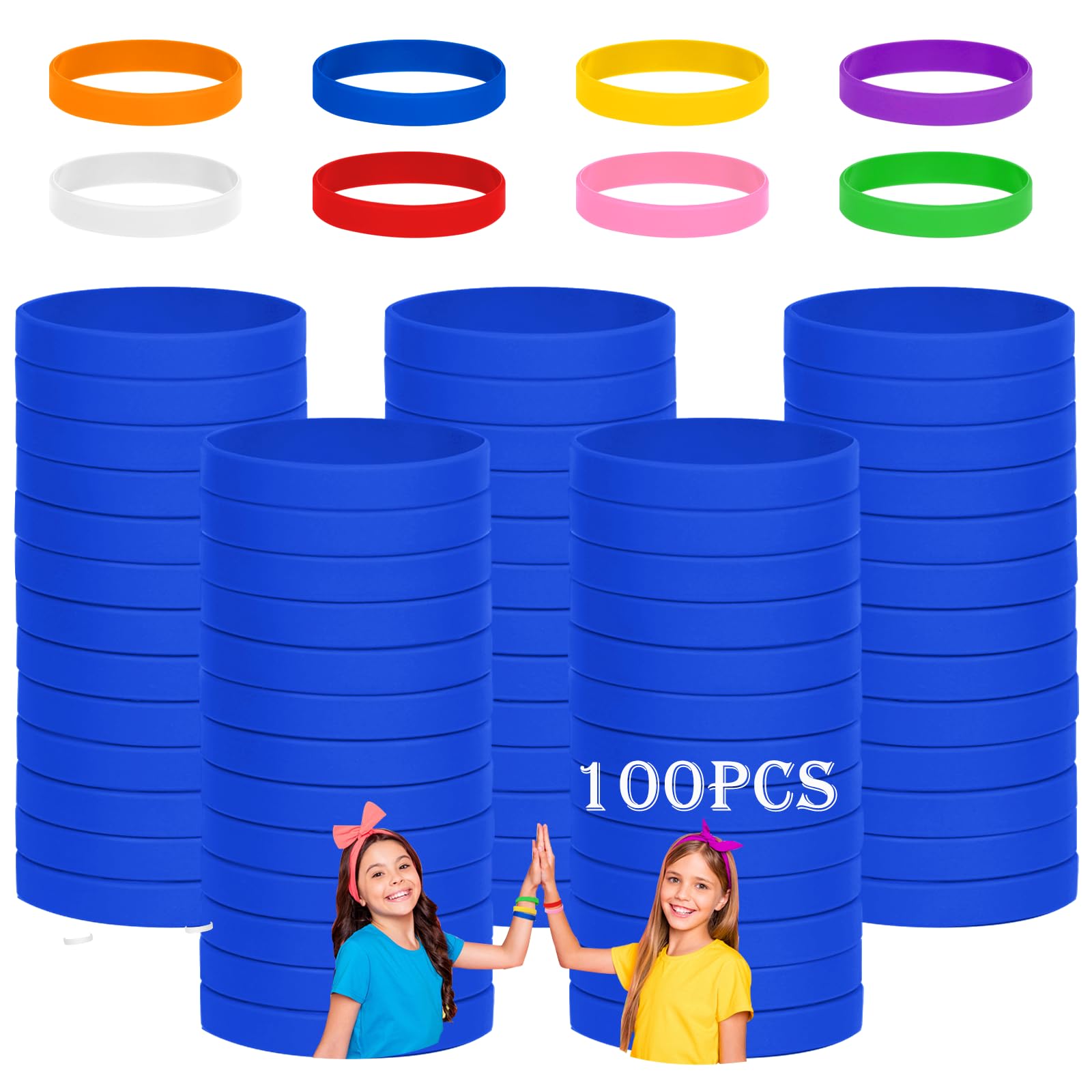 HONTIUS Silicone Bracelets for Children, 100 Pieces Blue Silicone Bracelets, 7'' Green Silicone Bracelets Silicone Wristband Blank Rubber Bracelets for School Teachers Team Party Children (for 8-12