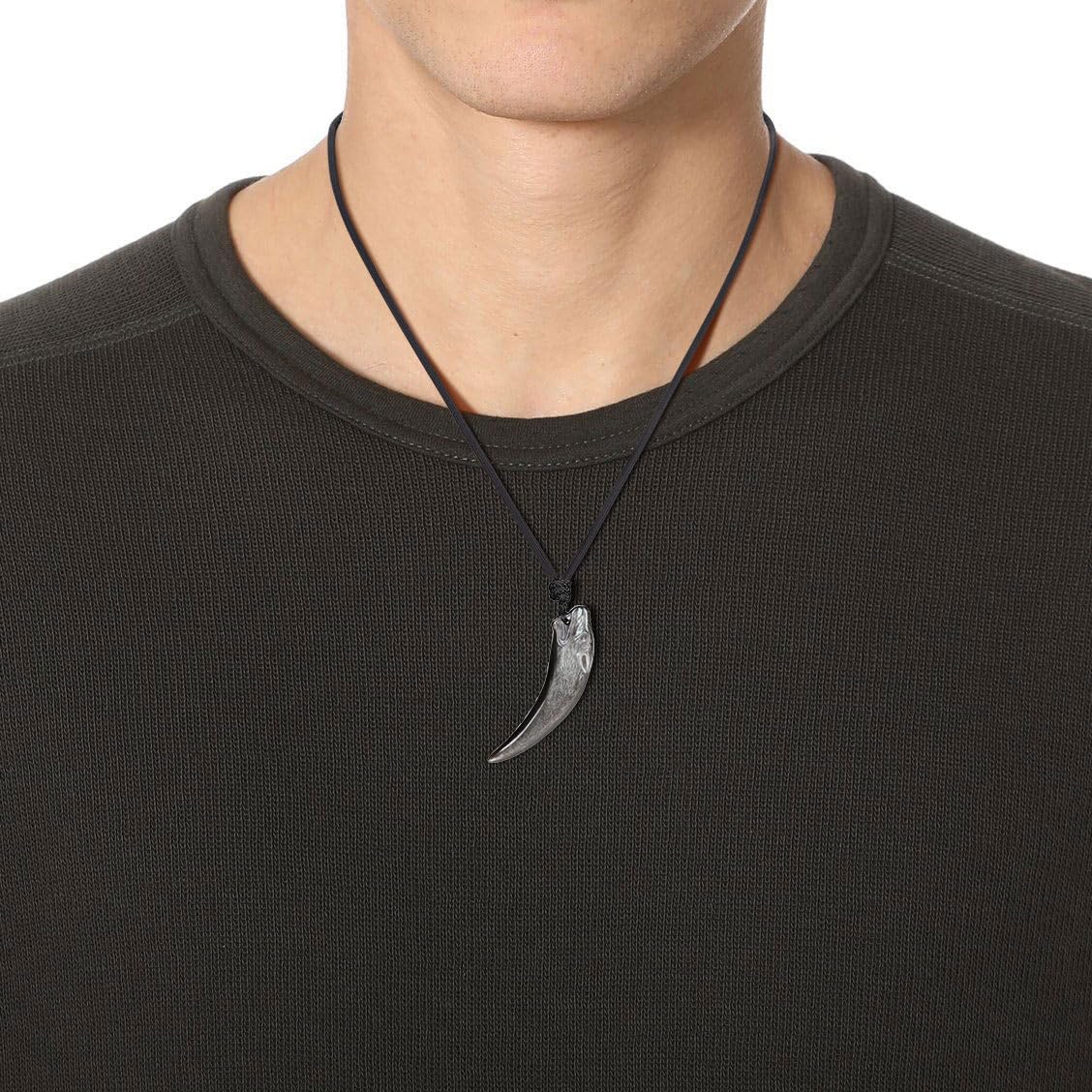 COAI Pendente Dente di Lupo Intarsiato in Ossidiana, Collana Pendente Unisex con Laccio Regolabile