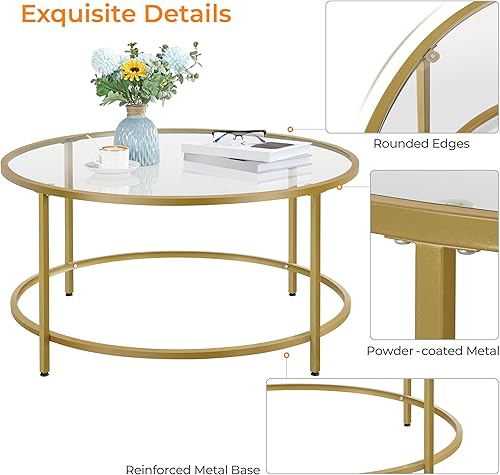 Miniatura 9 de Yaheetech Mesa de centro de cristal dorado para sala de estar, mesa de centro redonda de vidrio de 36 pulgadas con marco de metal, mesa de centro