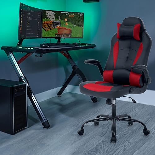 Miniatura 2 de Sillas de juegos para adultos, silla giratoria de piel sintética, ajustable, con soporte lumbar, reposabrazos abatibles, reposacabezas para adultos,