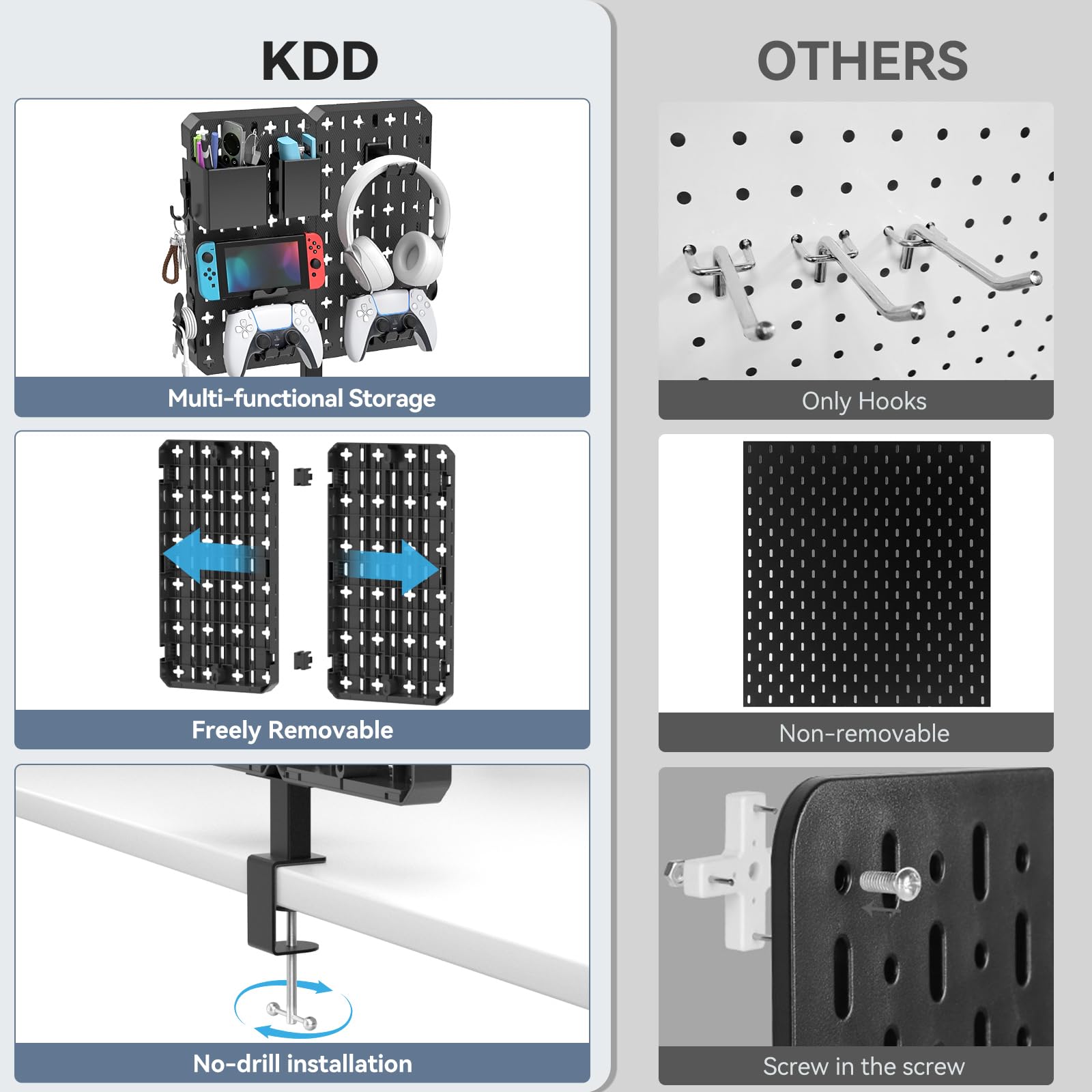 KDD Pegboard biurkowy 7 w 1 – bez wiercenia, tablica wtykowa do zaciskania z uchwytem na telefon komórkowy/długopis/uchwyt na słuchawki i kontroler/hakiem, zdejmowana płytka perforowana do warsztatu