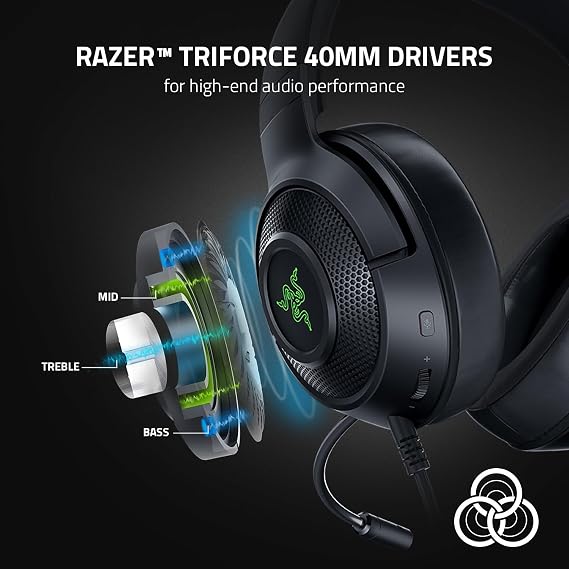 Razer Kraken V3 X USB - Wired USB Gaming Headset (ultra-lightweight at 285g, TriForce 40 mm drivers, HyperClear Cardioid Microphone, 7.1 surround sound, Chroma RGB) Black