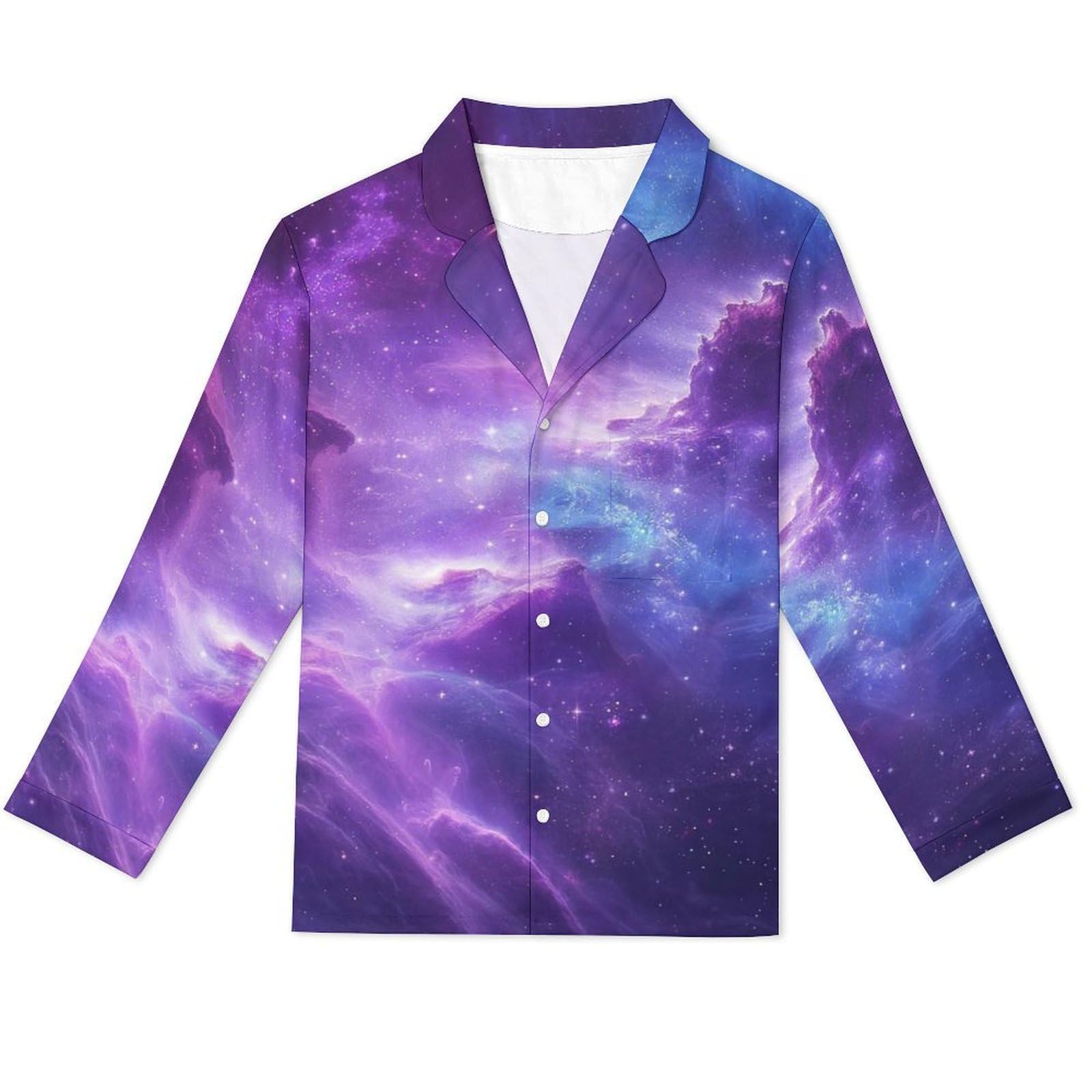 OLEETS Completo Pigiama da Uomo 2 Pezzi - Cielo Stellato Viola Pigiama Invernale Pantaloni Top Caldo Autunnale Traspirante Morbido 2 Pezzi Casual Ampio