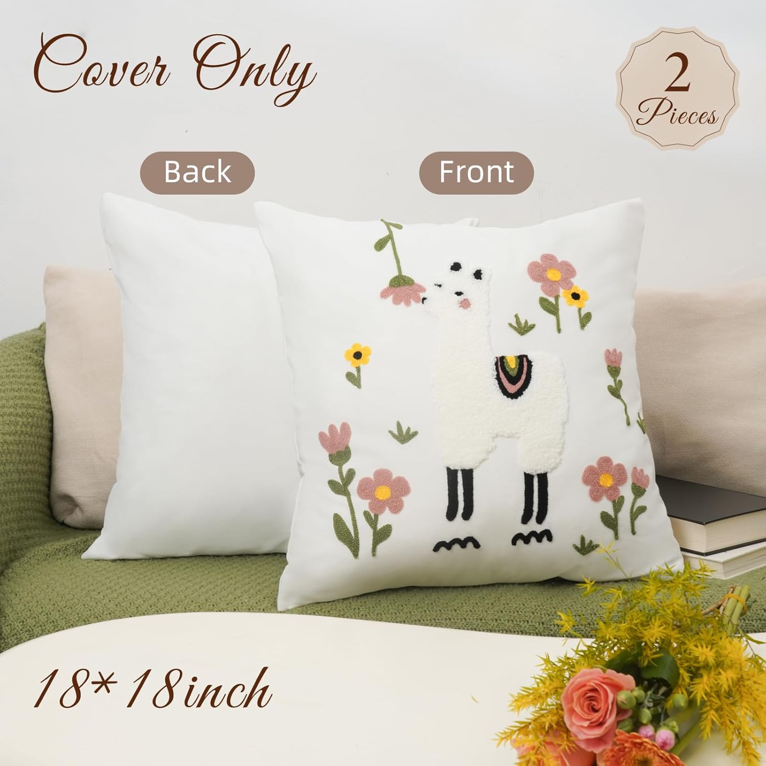 Embroidery Throw Pillow Covers 18x18-2 Pcs, Decorative Pillow Cases Soft Cushion Case Pillowcase for Chair Sofa Bedroom Living Room Home Decor, Animal