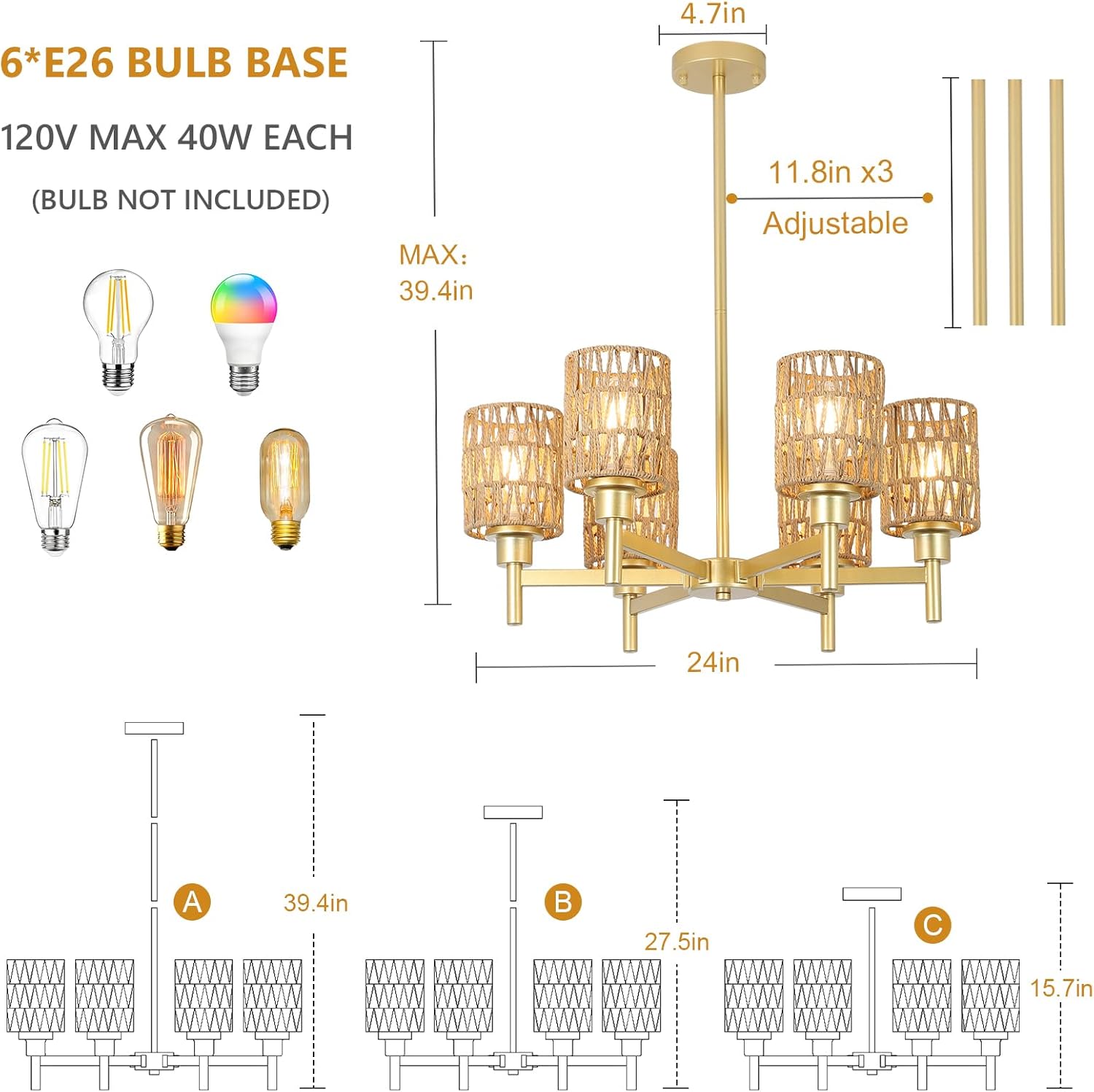 6-Lights Gold Chandelier Light Fixture - Boho Rattan Chandeliers for Dining Room, Farmhouse Kitchen Lighting Fixtures Ceiling, Hanging Pendant lights for Kitchen Island Bedroom Living Room Nursery