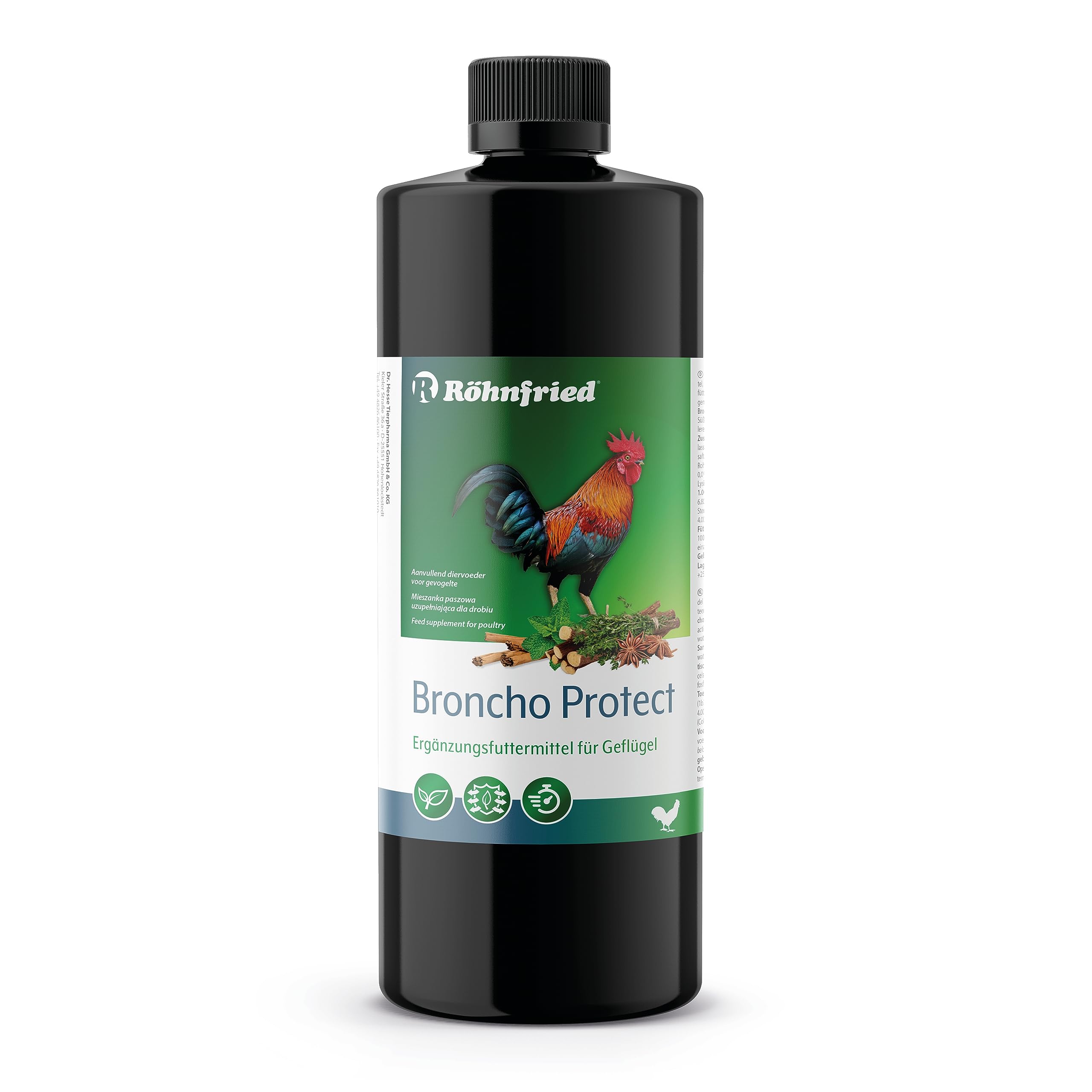 Röhnfried Broncho Protect 500 ml pour optimiser les voies respiratoires de la volaille.