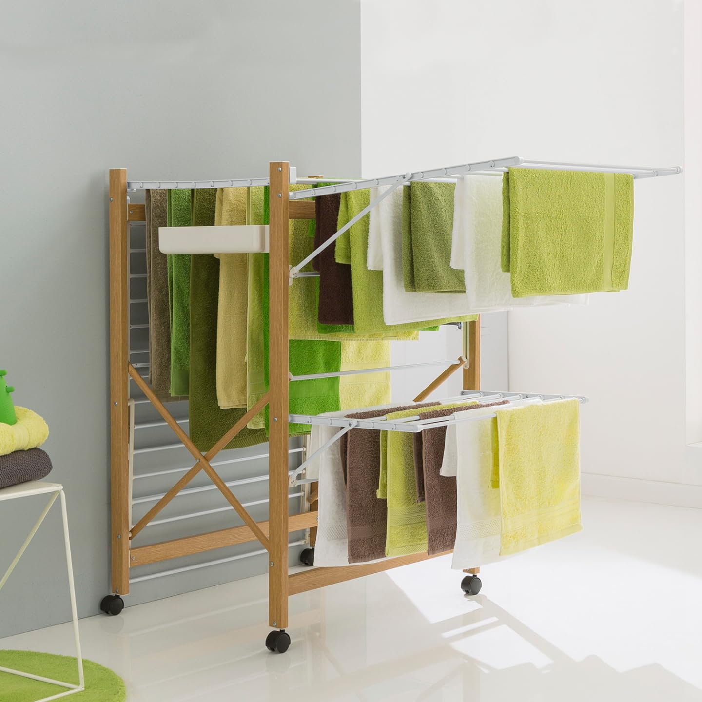 Probache - Séchoir à Linge Pliable Deluxe capacité 27M Blanc et Effet Bois