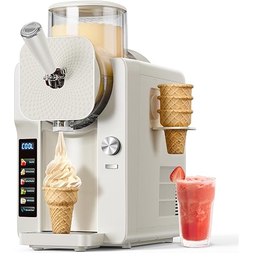 Slush Machine & Ice Cream Maker Machine 2-IN-1, 6 Modes for Smoothies, Milkshakes, Cocktails, Margarita, and Ice Cream, Double-Layer Tank, With Ice Cream Cone Holder, Self-Cleaning, For Home Use
