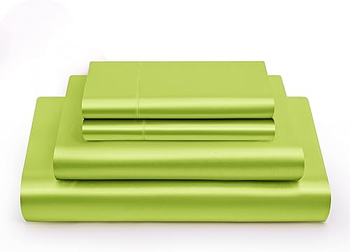 Miniatura 3 de Vonty Juego de sábanas de satén suaves y sedosas tamaño Queen, color verde lima, 1 sábana bajera de bolsillo profundo + 1 sábana encimera + 2 fundas