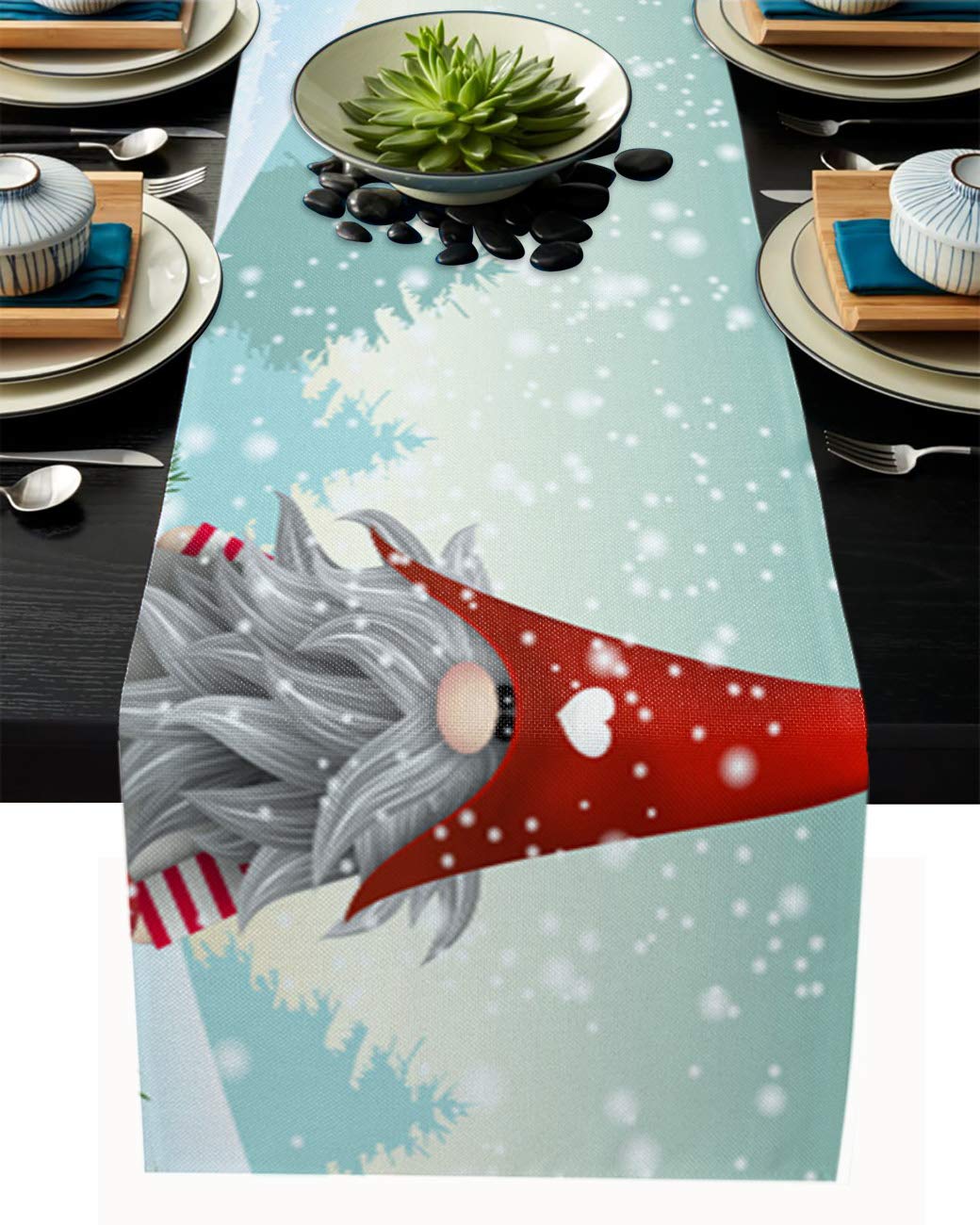 FAMILYDECOR Linen Burlap Table Runner Dresser Scarves, Christmas Gnome Tomte in Winter Rectangle Table Runners for Dining ...