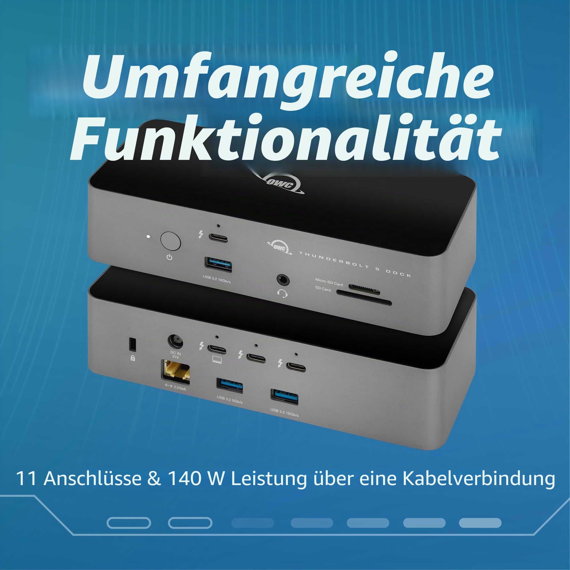 OWC Thunderbolt 5 Dock 11-Port Konnektivitätslösung | 4x Thunderbolt 5 80/120Gb/s - 140W PD - 2x USB-A (10Gb/s) - USB-A (5Gb/s) - 2.5GbE - SD & microSD Reader - Audio in/out