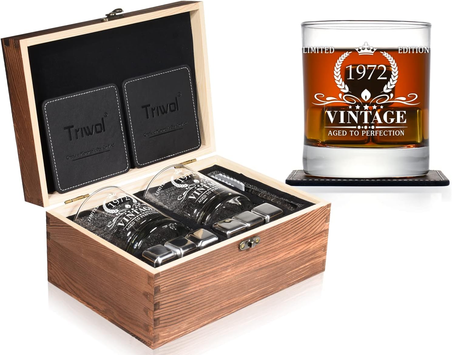 53rd Birthday Gifts for Men, Vintage 1972 Whiskey Glass and Stones Gift Set of 2, Funny 53 Birthday Gift for Dad Husband Brother, 53 Birthday Present Ideas for Him, 53 Year Old Bday Decorations